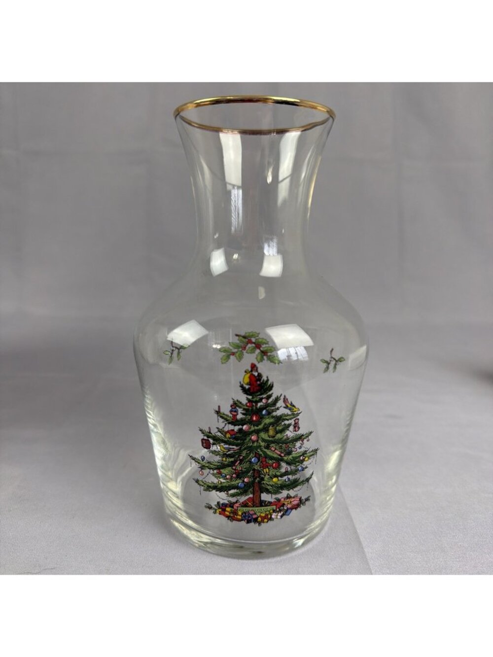 Spode Christmas Tree Santa Glass Juice Water Wine Carafe Pitcher Gold Rim 8"